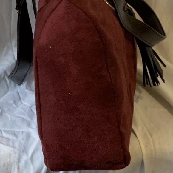 New Faded Glory Red Berry Suede Tote Purse Handbag Double Brown Handles - Picture 2 of 9